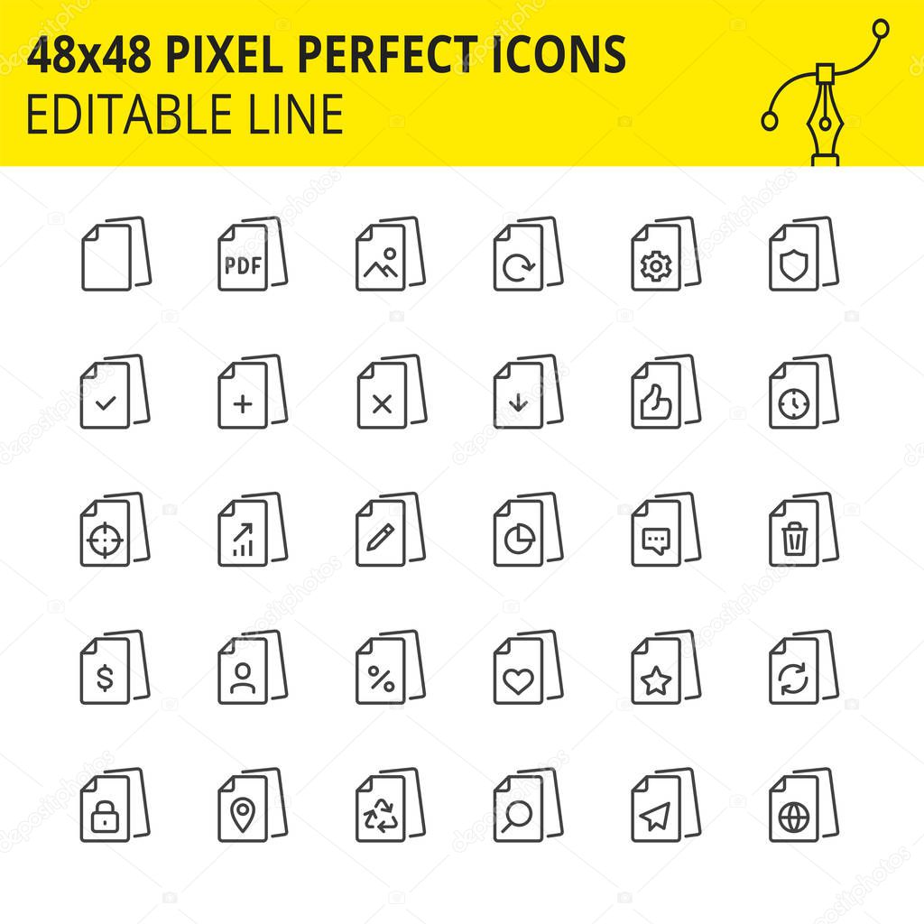 Editable Icons of Files, Document Flow and Interaction With Them.  Pixel Perfect Editable Set 48x48. Vector.