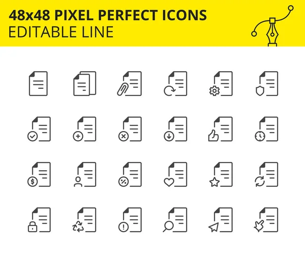 Dosyaların Ölçeklendirilmiş Simgeleri, Belge Akımı ve Onlarla Etkileşim, İndirme, Profil, Liste ve Arama vb. Piksel Mükemmel Düzenlenebilir Set 48x48. Vektör.