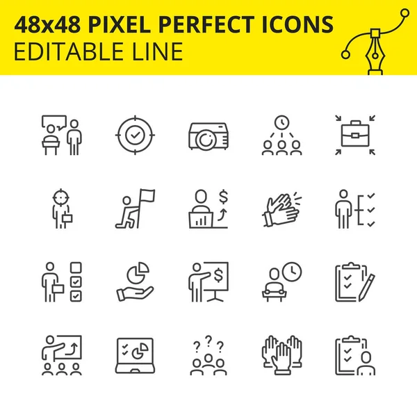 Scaled Icons - Business Coaching and Presentation. Includes Projector, Audience, Presenter, Class etc. Pixel Perfect 48x48, Editable Set. Vector.