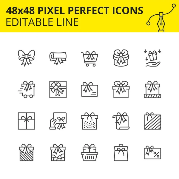 Editable Icons of Gifts, Surprises and Shopping. Includes Gift card, Delivery, Boxes, art etc. Pixel Perfect 48x48, Scale Set. Vector.