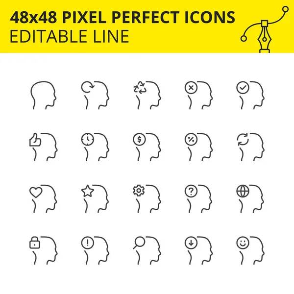 İnsan Başı ve Görseller 'in Ölçeklendirilmiş Simgeleri. Bilgi grafikleri, web siteleri ve kullanıcı araması, Favoriler, Ayarlar, tazeleme içeren mobil uygulamalar için kişi sembolleri. Piksel Mükemmel Düzenlenebilir Set 48x48.
