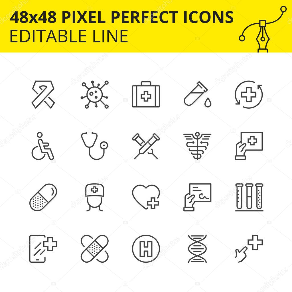 Scaled Icons of Medical care and Pharmacy. Includes caduceus, Virus, Doctor, DNA. Pixel Perfect 48x48, Editable Set. Vector.