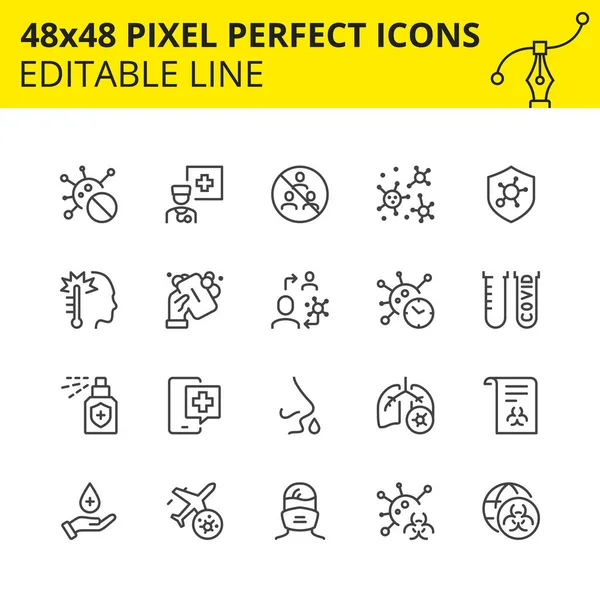 Coronavirus 'un Icons of Coronavirus Part-1, Covid-19 ölçekli. Mikroplar, Virüs, El yıkama, Antiseptik, vs. içerir. Piksel Mükemmel 48x48, Ölçekli Set. Vektör.