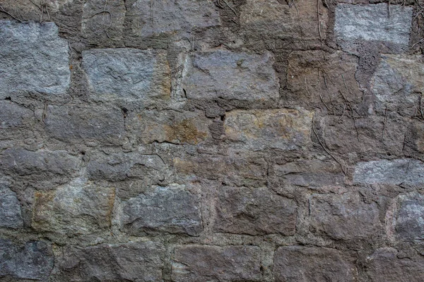 Oude Natuurstenen Muur Met Planten Mos Groeien Uit Scheuren Achtergrond — Stockfoto