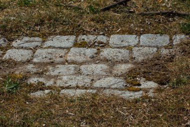 Kuru çimenlerdeki eski kirli kaldırım taşlarının yan görüntüsü