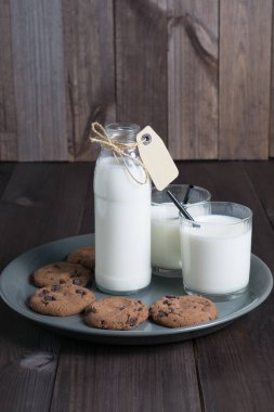 iki şeffaf cam ve gri plaka üzerinde birkaç kurabiye ile süt şişesi