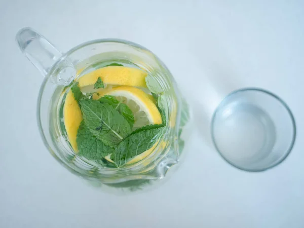 Top View Jug Homemade Lemonade Mint Leaves Lemon Slices Lime — Stock Photo, Image