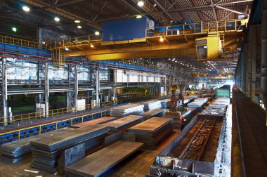 Köprü vinç endüstriyel depo içinde yaprak yükler.