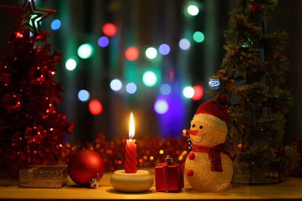 Little Snow Man Lit Red Candle Light Christmas Scenic Wooden — Stock Photo, Image