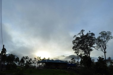 Miri, Sarawak / Malezya - 7 Ekim 2019: Sisli gündoğumu saatlerinde inanılmaz orman ve nehir manzarası