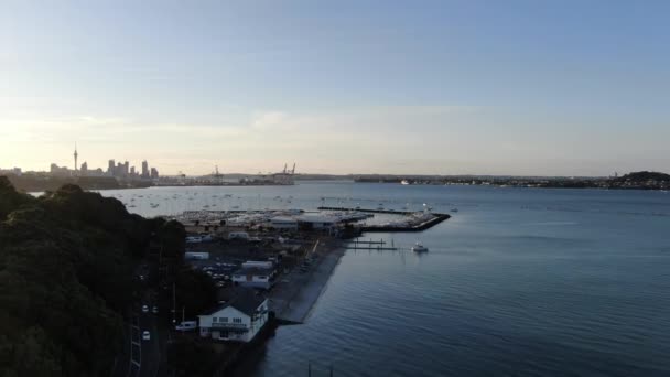 新西兰奥克兰高架港 2019年12月29日 法官湾 奥胡岛湾和霍布森湾以及码头和划船俱乐部 — 图库视频影像