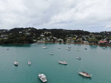 Russell, Adalar Körfezi / Yeni Zelanda - 30 Aralık 2019: Russell Körfezi 'ndeki Manzaralı ve Barışçıl Sahil Köyü