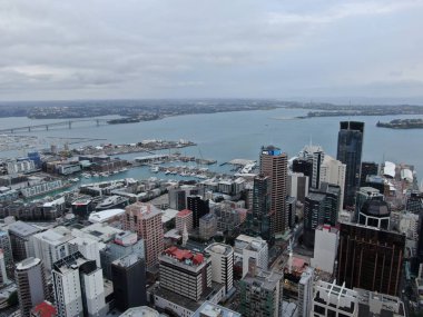 Viaduct Harbour, Auckland / New Zealand - December 31, 2019: The iconic Skytower landmark of Auckland City and its surrounding buildings