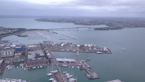 Viaduct Harbour Auckland Nueva Zelanda Diciembre 2019 Emblemático Hito Skytower — Vídeos de Stock