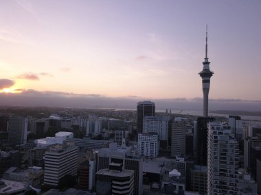 Viaduct Harbour, Auckland / New Zealand - December 31, 2019: The iconic Skytower landmark of Auckland City and its surrounding buildings