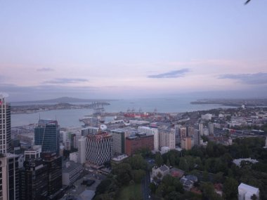 Viaduct Harbour, Auckland / New Zealand - December 31, 2019: The iconic Skytower landmark of Auckland City and its surrounding buildings