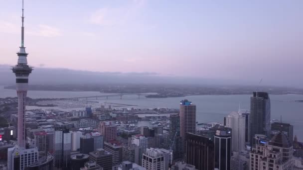 Viaduct Harbour Auckland Nueva Zelanda Diciembre 2019 Emblemático Hito Skytower — Vídeos de Stock