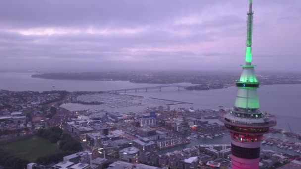 Viaduct Harbour Auckland Nueva Zelanda Diciembre 2019 Emblemático Hito Skytower — Vídeos de Stock