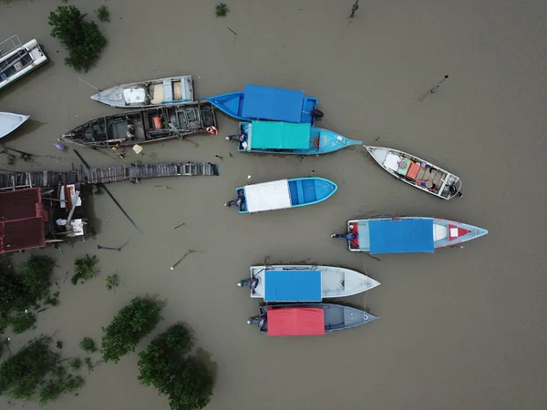 Top View Group Fishing Vessels Boats Port Pier Kuching Sarawak — Stock Photo, Image