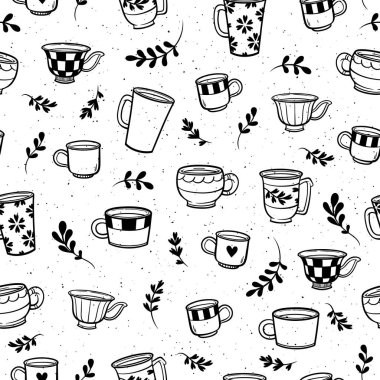 Beyaz arka planda pürüzsüz sevimli kupalar. Elle çizilmiş bardaklar stok vektör çizimi. Doodle vektör bardakları deseni.