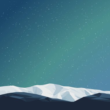 Kış arkaplanı dağ manzarası hisse senedi çizimi. Yıldızlı gece vektör arka planında bir dağ sırası. Noel arkaplanı.