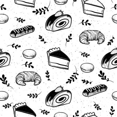 Siyah beyaz el çizimi tatlandırır. Kusursuz desensiz stok vektör çizimi çizer. Menü için hamur monokrom vektör karalama biçimi kusursuz desen. Sevimli pastalar kağıdın dikişsiz dokusunu paketliyor..