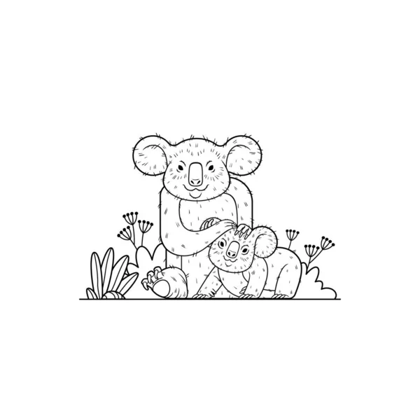 可爱的澳大利亚树袋熊有黑色和白色的病媒种群图解 可爱的卡通人物考拉 母子考拉的轮廓说明 婴儿淋浴矢量打印与可爱的考拉 儿童彩色书页 — 图库矢量图片