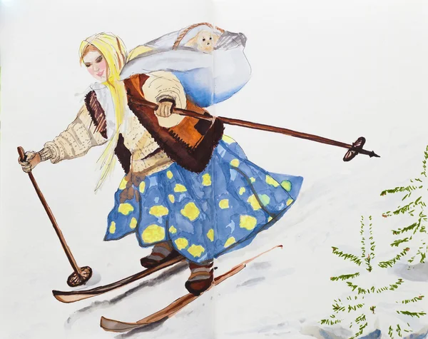 Girl on skis with rolling hills, her worn boots, a long checkered skirt, wide knitted sweater and zhelet. Retro style. Skiing with wooden sticks. Around snow and two small Christmas tree in the snow. She carries in the basket little creatures.