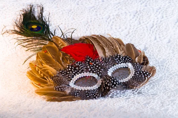 La máscara de carnaval de Navidad femenina con plumas en un día festivo y un símbolo de carnaval de misterio y acertijos — Foto de Stock