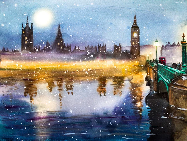 London, Westminster Abbey, Westminster Bridge at dusk. Snow. Wat — Stock Photo, Image