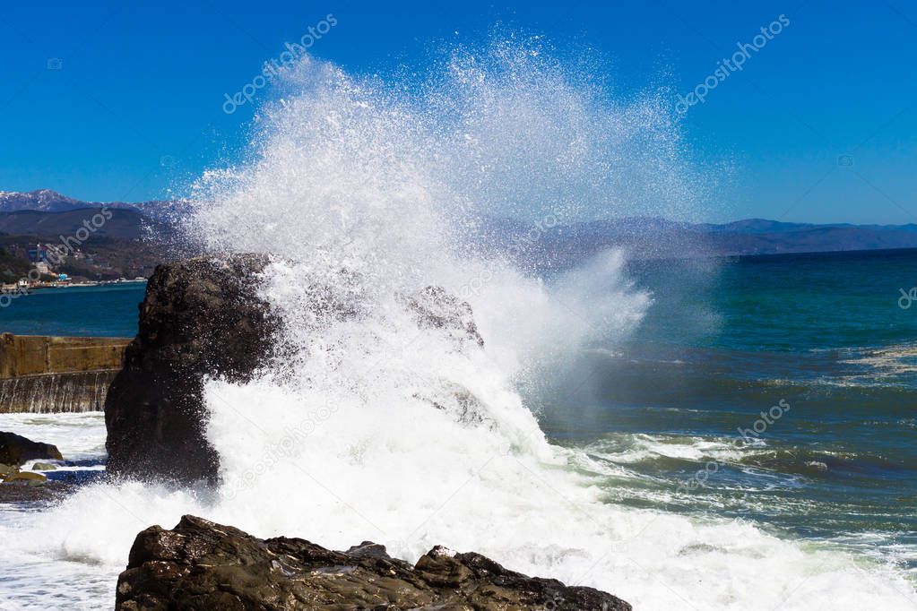 Crimea. Alushta. Sea. The wave beats against the rock and spread