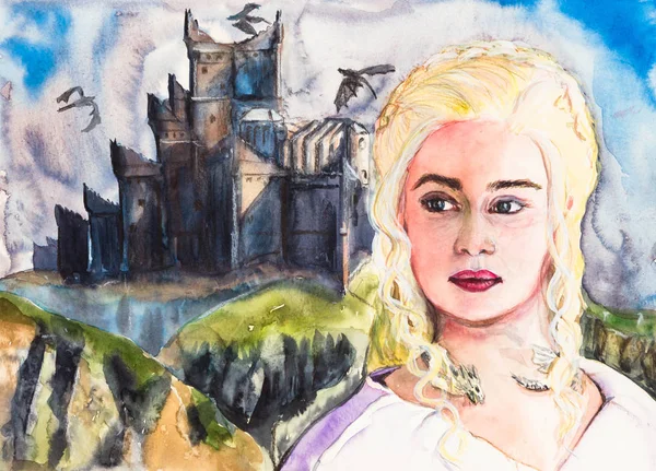 Ilustrace mladá žena - blondýna na hradě zázemí, hrdinka ne — Stock fotografie