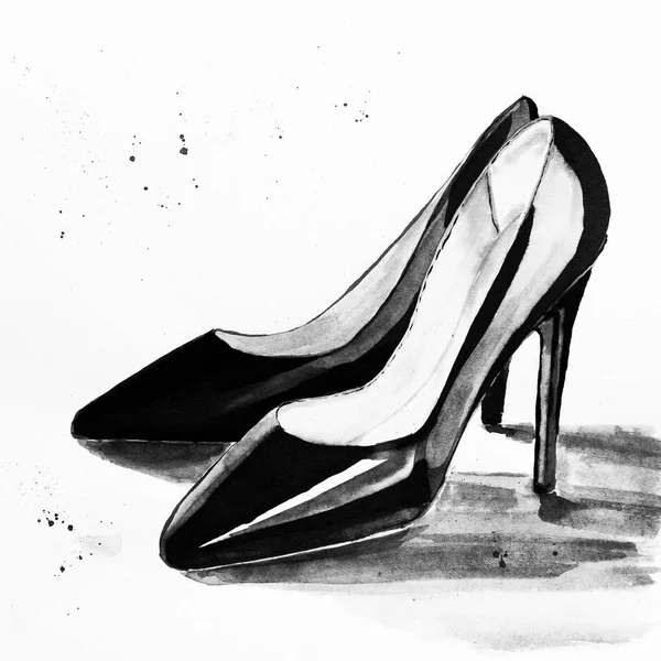 Chaussures classiques à talons hauts, noires, brillantes, en cuir verni. Croquis — Photo