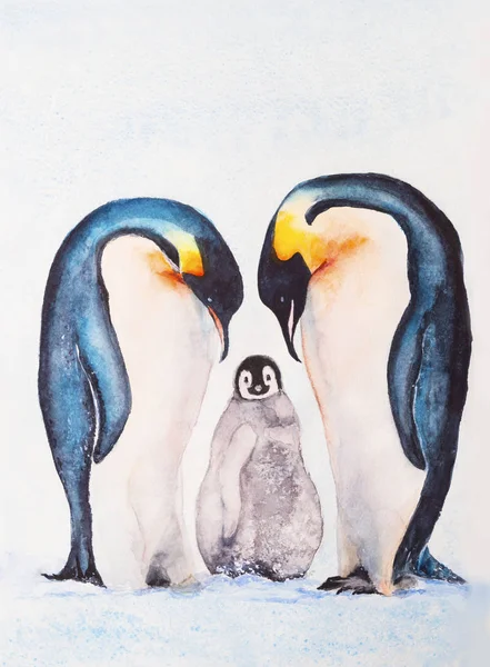 Family of emperor penguins with a chick. Watercolor drawing. — Stock Photo, Image