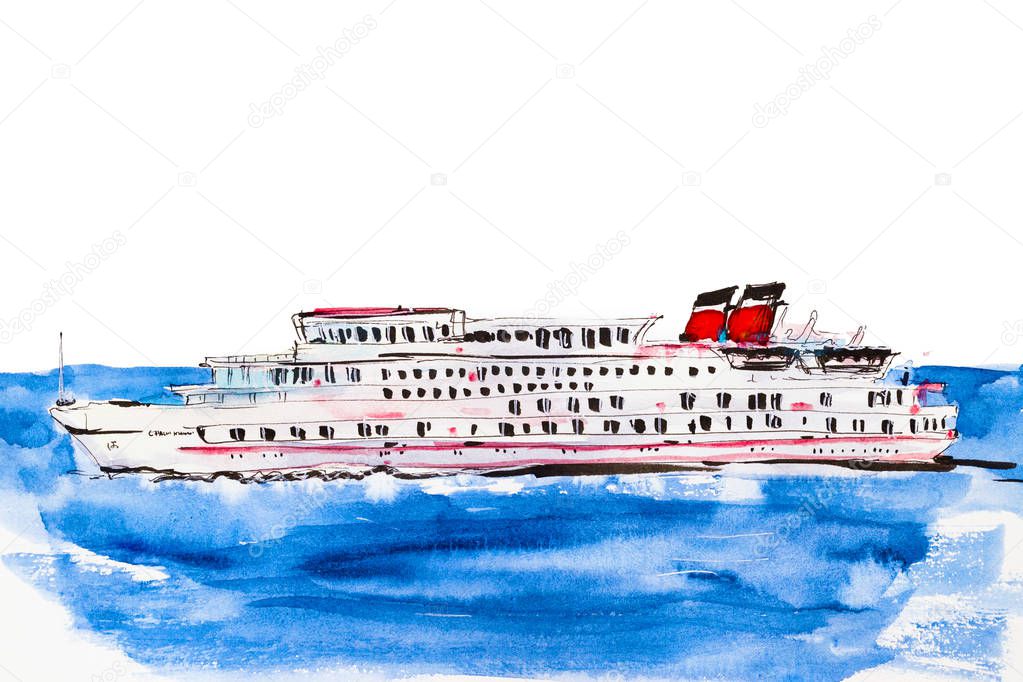 A motor ship on the river or at sea. Russia. Watercolor sketch.