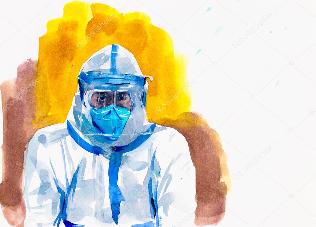 A man in a protective suit and mask. Medical personnel during the pandemic and epidemic of the coronavirus COVID-19. Watercolor illustration.