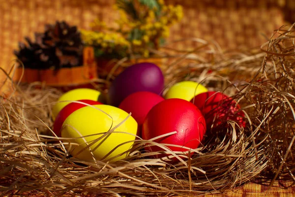 彩绘的复活节彩蛋在稻草窝里 复活节静物 — 图库照片