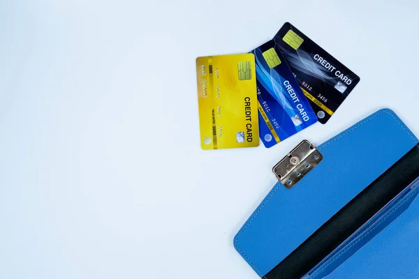 Credit card with blue woman purse for payment on the white backg — Stock Photo, Image