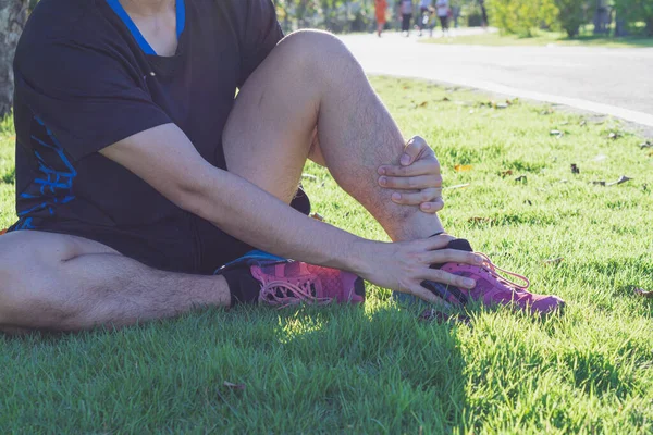 Ankle Sprained Young Man Suffering Ankle Injury While Running Park — Stock Photo, Image