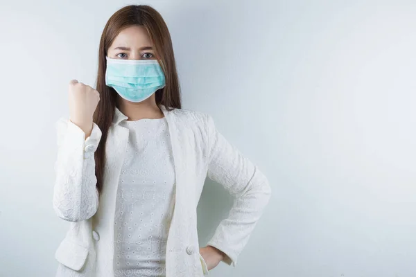 Menina Negócios Usando Máscara Para Proteger Coronavírus Mostrar Sua Mão — Fotografia de Stock