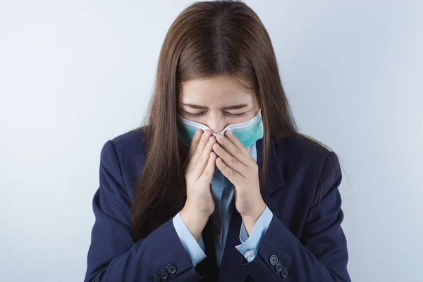 Menina Negócios Usando Máscara Para Proteger Coronavírus Ela Tosse Gripe — Fotografia de Stock