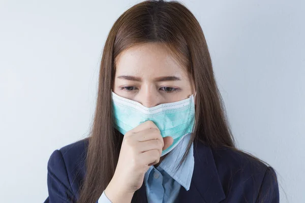 Menina Negócios Usando Máscara Para Proteger Coronavírus Ela Tosse Gripe — Fotografia de Stock