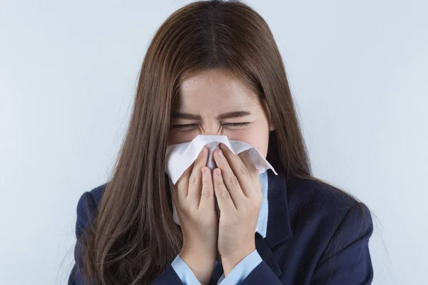 Mulher Negócios Tosse Gripe Para Papel Tissue Coronavírus Coronavirus Poluição — Fotografia de Stock