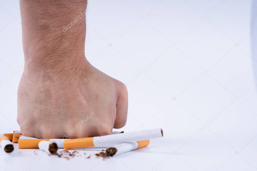 Stop smoking. Close up of male hand breaking cigarette with his fist. Tobacco Day. Cigarette on white background.