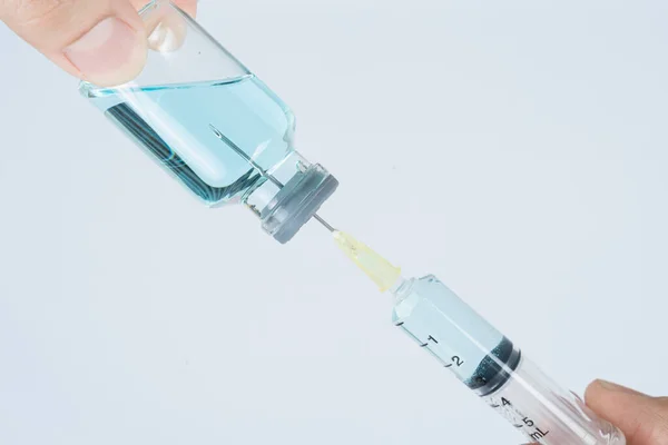 Closeup Hand Woman Doctor Scientist Holding Syringe Medicine Liquid Vaccine — Stock Photo, Image