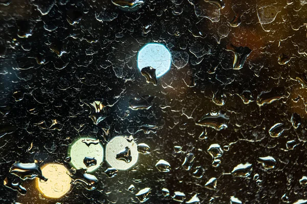 Tropfen Regen Und Wasser Auf Glas Abstrakter Hintergrund Nacht Einzelne — Stockfoto