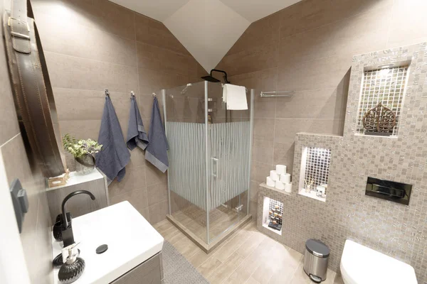 Bej Renkli Giyinme Odası Çerçevenin Içinde Duş Tuvalet Tuvalet Kağıdı — Stok fotoğraf