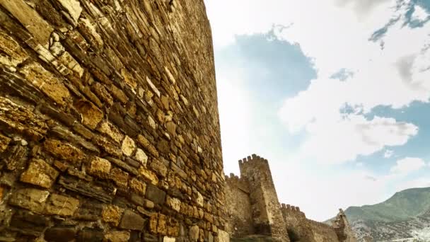 Genoese Fortress Wall Extends Far Distance Rays Sun Break Clouds — Stock Video