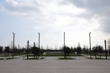 Güzel bir parkın üzerinde bulutlu bir gökyüzü, manzara tasarımı ağaçları ve çalıları simetrik olarak yerleştirdi, ve uzak bir yere rahatlamak için ahşap banklar yerleştirdi..