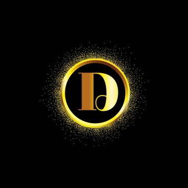 Altın kıvılcım yüzüğünün ortasındaki D harfi altın ikon. Boş merkezli D logosu işareti. Siyah arka planda toz parıltısı grafiği olan altın parıltılı bir yüzük. Muhteşem dekoratif parlak tasarım..